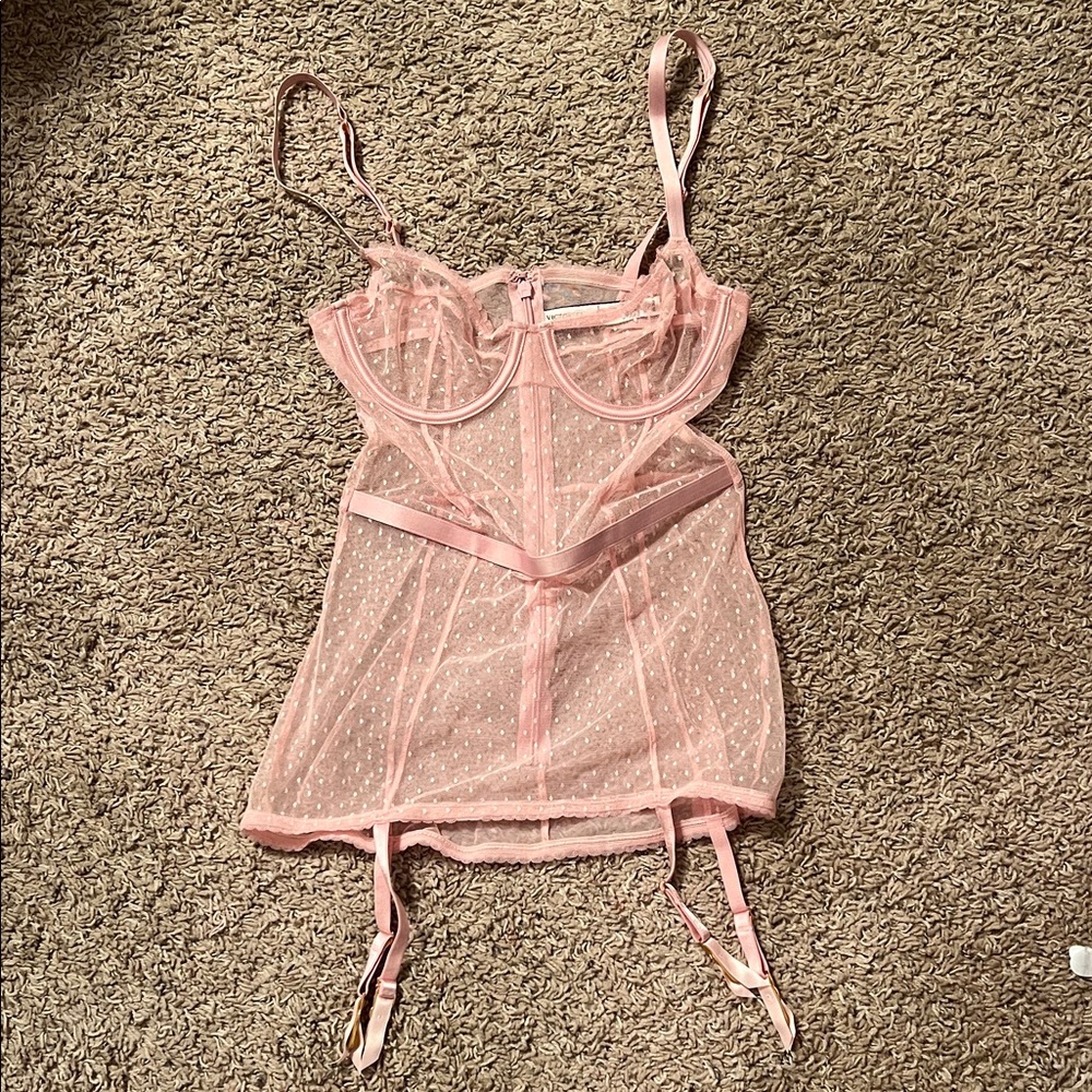 Victoria's Secret Pink Sheer Mesh Babydoll Chemise with Garter Straps